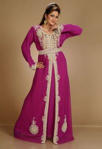 Maroon Zari Work Stones & Beads Embellish Georgette Islamic Style Arabian Maxi Partywear Kaftan