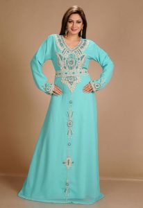 Turqoise Zari Work Stones & Beads Embellish Georgette Islamic Style Arabian Maxi Partywear Kaftan