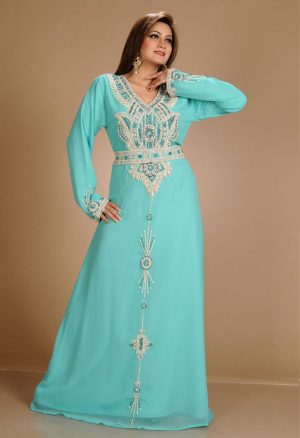 Turqoise Zari Work Stones & Beads Embellish Georgette Islamic Style Arabian Maxi Partywear Kaftan