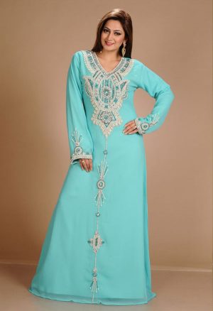 Turqoise Zari Work Stones & Beads Embellish Georgette Islamic Style Arabian Maxi Partywear Kaftan