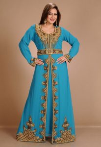 Turqoise Zari Work Stones & Beads Embellish Georgette Islamic Style Arabian Maxi Partywear Kaftan