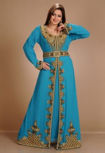 Turqoise Zari Work Stones & Beads Embellish Georgette Islamic Style Arabian Maxi Partywear Kaftan