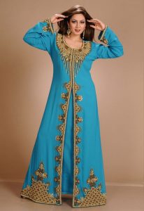 Turqoise Zari Work Stones & Beads Embellish Georgette Islamic Style Arabian Maxi Partywear Kaftan