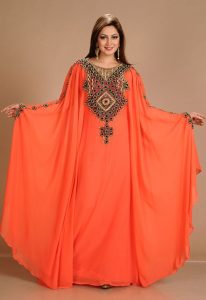 Red Zari Work Stones & Beads Embellish Georgette Islamic Style Arabian Maxi Partywear Kaftan