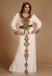 Cream Zari Work Stones & Beads Embellish Georgette Islamic Style Arabian Maxi Partywear Kaftan