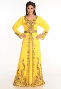 Yellow Zari Work Stones & Beads Embellish Georgette Islamic Style Arabian Maxi Partywear Kaftan