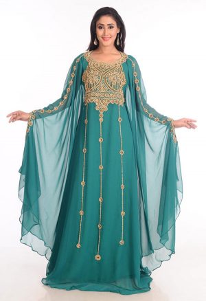 Teal Zari Work Stones & Beads Embellish Georgette Islamic Style Arabian Maxi Partywear Kaftan