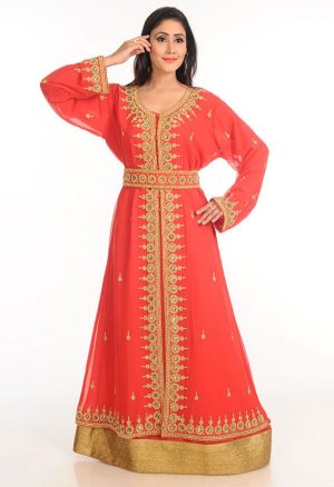 Red Zari Work Stones & Beads Embellish Georgette Islamic Style Arabian Maxi Partywear Kaftan