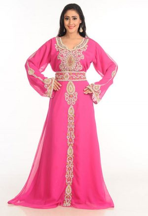 Pink Zari Work Stones & Beads Embellish Georgette Islamic Style Arabian Maxi Partywear Kaftan