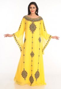 Yellow Zari Work Stones & Beads Embellish Georgette Islamic Style Arabian Maxi Partywear Kaftan