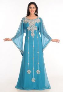 Firozi Zari Work Stones & Beads Embellish Georgette Islamic Style Arabian Maxi Partywear Kaftan