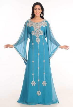 Firozi Zari Work Stones & Beads Embellish Georgette Islamic Style Arabian Maxi Partywear Kaftan