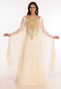 Cream Zari Work Stones & Beads Embellish Georgette Islamic Style Arabian Maxi Partywear Kaftan