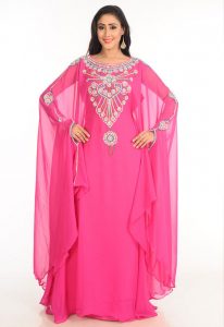 Pink Zari Work Stones & Beads Embellish Georgette Islamic Style Arabian Maxi Partywear Kaftan