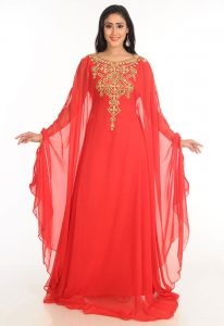 Red Zari Work Stones & Beads Embellish Georgette Islamic Style Arabian Maxi Partywear Kaftan