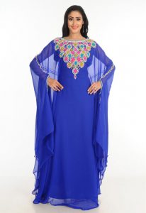 Blue Zari Work Stones & Beads Embellish Georgette Islamic Style Arabian Maxi Partywear Kaftan