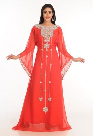 Red Zari Work Stones & Beads Embellish Georgette Islamic Style Arabian Maxi Partywear Kaftan