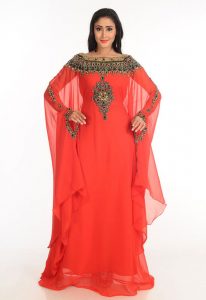 Red Zari Work Stones & Beads Embellish Georgette Islamic Style Arabian Maxi Partywear Kaftan