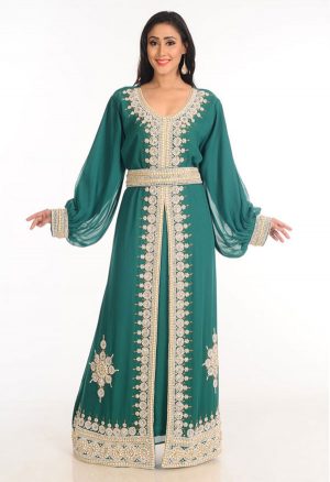 Green Zari Work Stones & Beads Embellish Georgette Islamic Style Arabian Maxi Partywear Kaftan