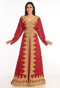 Maroon Zari Work Stones & Beads Embellish Georgette Islamic Style Arabian Maxi Partywear Kaftan