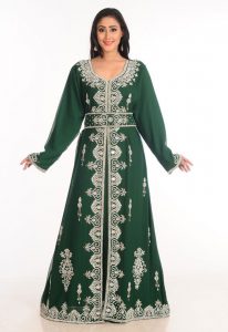 Green Zari Work Stones & Beads Embellish Georgette Islamic Style Arabian Maxi Partywear Kaftan