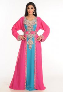 Multicolor Zari Work Stones & Beads Embellish Georgette Islamic Style Arabian Maxi Partywear Kaftan