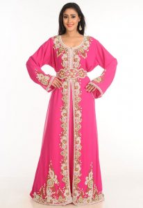 Pink Zari Work Stones & Beads Embellish Georgette Islamic Style Arabian Maxi Partywear Kaftan