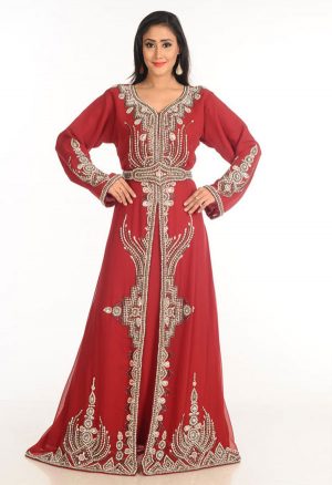 Maroon Zari Work Stones & Beads Embellish Georgette Islamic Style Arabian Maxi Partywear Kaftan