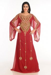 Maroon Zari Work Stones & Beads Embellish Georgette Islamic Style Arabian Maxi Partywear Kaftan