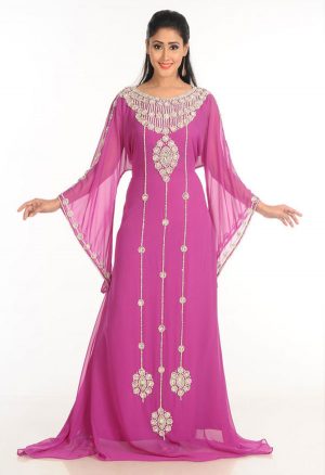 Wine Zari Work Stones & Beads Embellish Georgette Islamic Style Arabian Maxi Partywear Kaftan