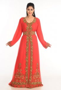 Red Zari Work Stones & Beads Embellish Georgette Islamic Style Arabian Maxi Partywear Kaftan