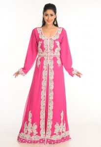 Pink Zari Work Stones & Beads Embellish Georgette Islamic Style Arabian Maxi Partywear Kaftan