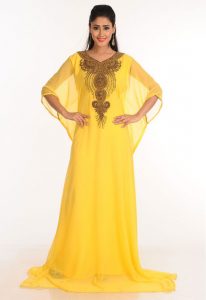 Yellow Zari Work Stones & Beads Embellish Georgette Islamic Style Arabian Maxi Partywear Kaftan