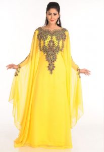 Yellow Zari Work Stones & Beads Embellish Georgette Islamic Style Arabian Maxi Partywear Kaftan