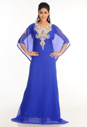 Blue Zari Work Stones & Beads Embellish Georgette Islamic Style Arabian Maxi Partywear Kaftan