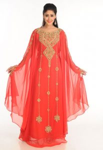 Red Zari Work Stones & Beads Embellish Georgette Islamic Style Arabian Maxi Partywear Kaftan