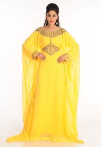 Yellow Zari Work Stones & Beads Embellish Georgette Islamic Style Arabian Maxi Partywear Kaftan