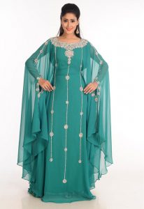 Green Zari Work Stones & Beads Embellish Georgette Islamic Style Arabian Maxi Partywear Kaftan