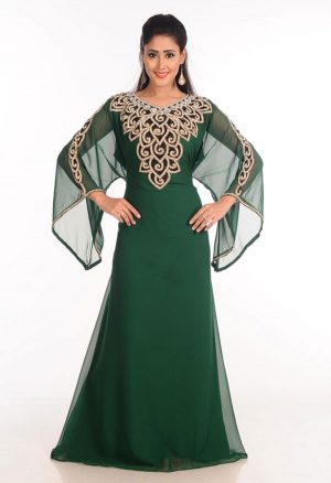 Green Zari Work Stones & Beads Embellish Georgette Islamic Style Arabian Maxi Partywear Kaftan