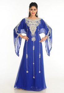 Blue Zari Work Stones & Beads Embellish Georgette Islamic Style Arabian Maxi Partywear Kaftan