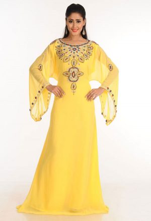 Yellow Zari Work Stones & Beads Embellish Georgette Islamic Style Arabian Maxi Partywear Kaftan