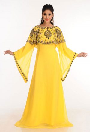 Yellow Zari Work Stones & Beads Embellish Georgette Islamic Style Arabian Maxi Partywear Kaftan