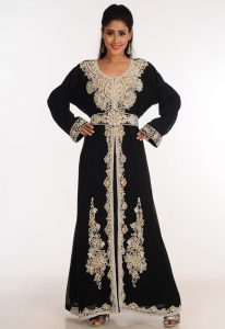 Black Zari Work Stones & Beads Embellish Georgette Islamic Style Arabian Maxi Partywear Kaftan