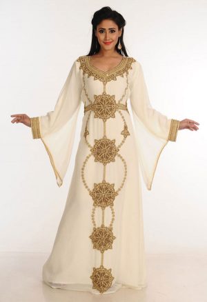 Cream Zari Work Stones & Beads Embellish Georgette Islamic Style Arabian Maxi Partywear Kaftan