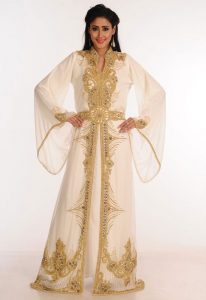 Cream Zari Work Stones & Beads Embellish Georgette Islamic Style Arabian Maxi Partywear Kaftan