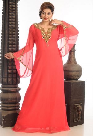 Peach Georgette Kaftan With Zari Work