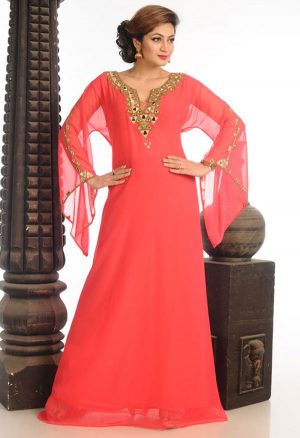 Peach Georgette Kaftan With Zari Work