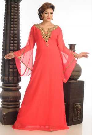 Peach Georgette Kaftan With Zari Work