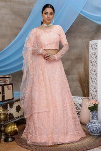 Peach Thread embroidered with stone pasting Net Lehenga Choli