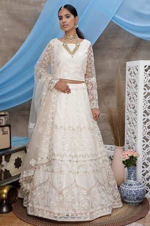 White Zari with Thread embroidered all over stone pasting Net Lehenga Choli